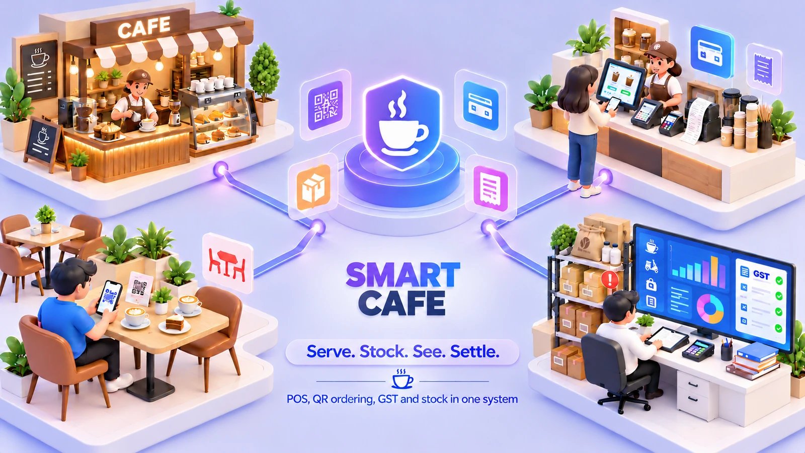 Illustration of Smart Cafe: a cafe counter with an espresso machine and a pastry display, a customer paying at a point-of-sale screen, a guest ordering by phone from a QR code on the table, and a back-office desk beside stock shelves and a GST dashboard, all connected to one central hub.
