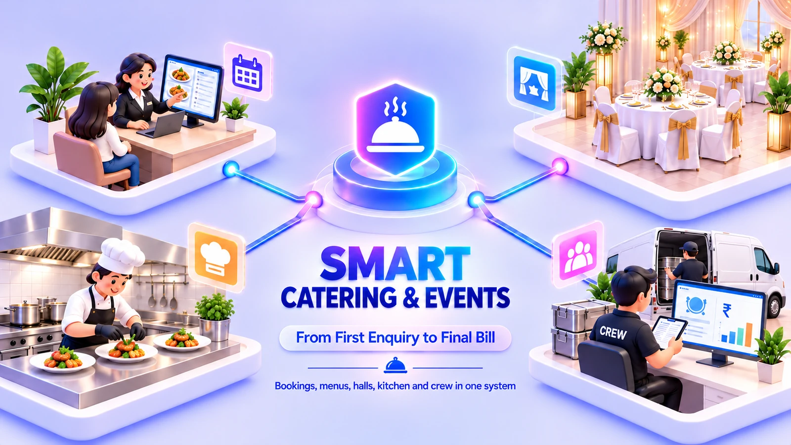 Illustration of Smart Catering & Events: an event manager planning a menu on a screen, a decorated banquet hall, a chef plating dishes in a kitchen, and a crew member loading a van beside a costing screen, all connected to one central hub.