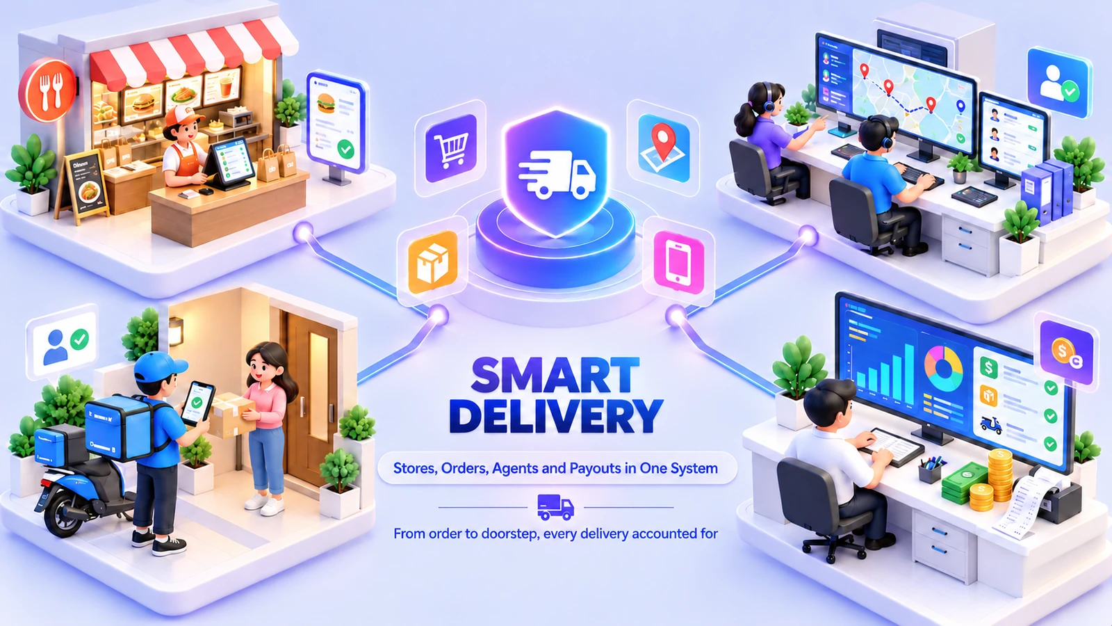 Illustration of Smart Delivery: a store counter taking orders, a dispatch team with a live route map, a delivery agent handing a parcel over at a door, and a payouts dashboard with cash and receipts, all connected to one central hub.