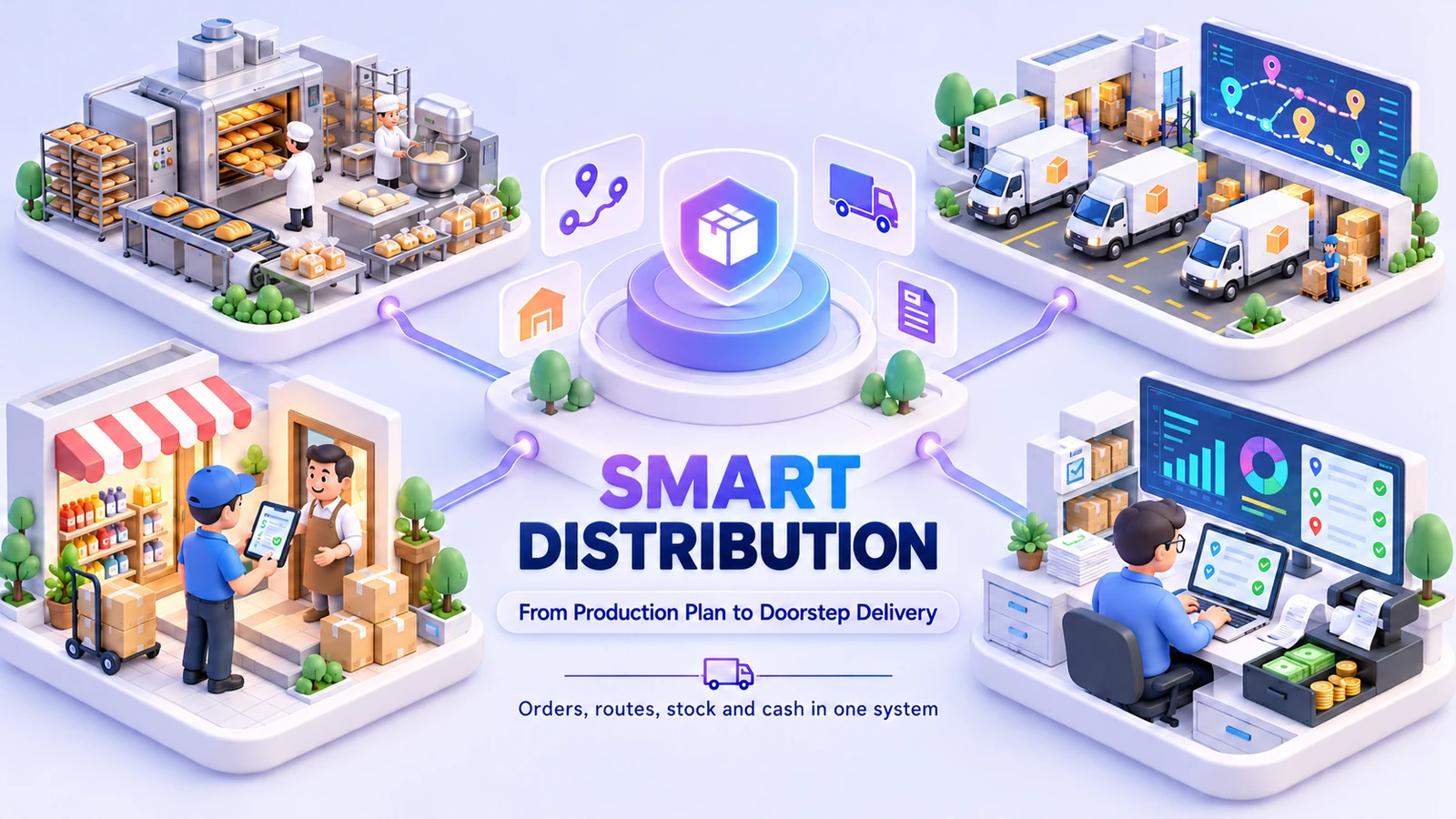 Isometric illustration of Smart Distribution: a bakery production line, delivery vans loading at a depot beside a route map, a delivery person taking an order on a tablet at a shop door, and an office desk with sales charts and cash, all connected to one central hub.
