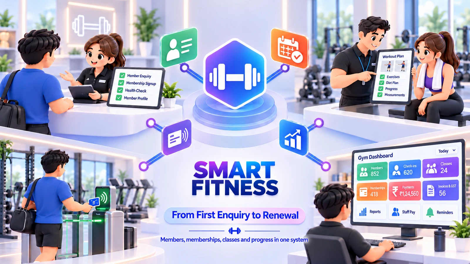 Illustration of Smart Fitness: a front desk signing up a member, a trainer showing a workout plan on a tablet, a member tapping a card at an entry gate, and a gym dashboard with members, check-ins, classes and payments, all connected to one central hub.