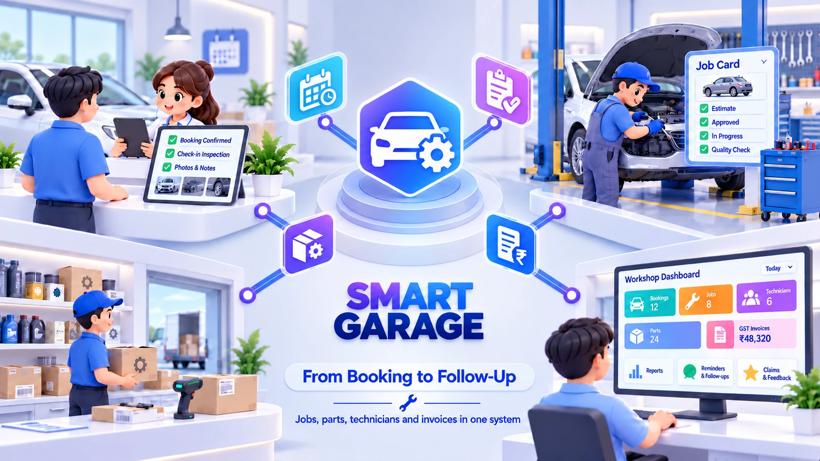Illustration of Smart Garage: a service desk confirming a booking with photos, a mechanic working on a car beside a job card, a parts store with shelves and a scanner, and a workshop dashboard with bookings, jobs, technicians and invoices, all connected to one central hub.