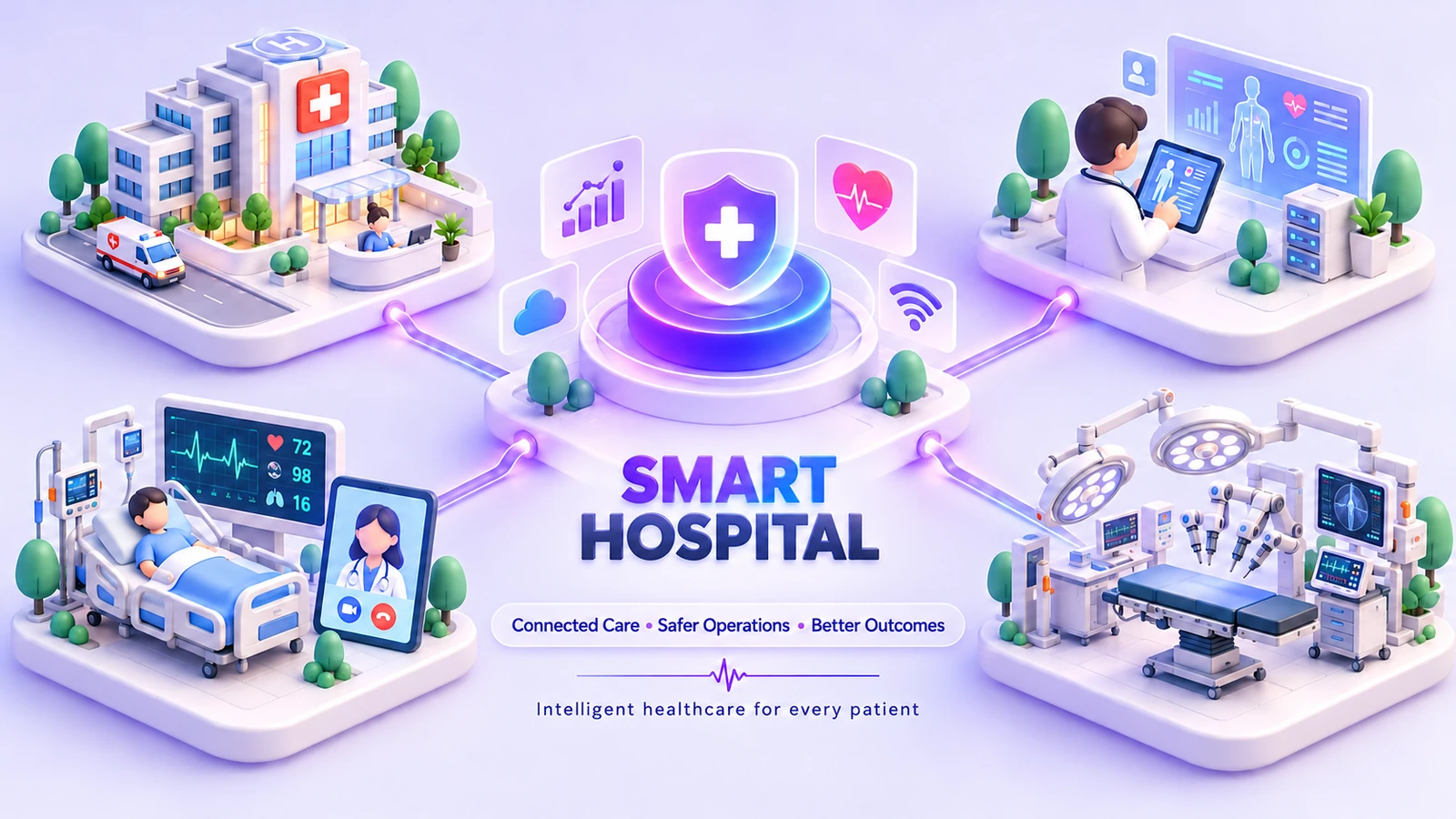 Isometric illustration of Smart Hospital: a hospital with an ambulance and a reception desk, a doctor reviewing a patient record on a tablet, a ward bed with a vital-signs monitor and a video call, and an operating theatre, all connected to one central hub.