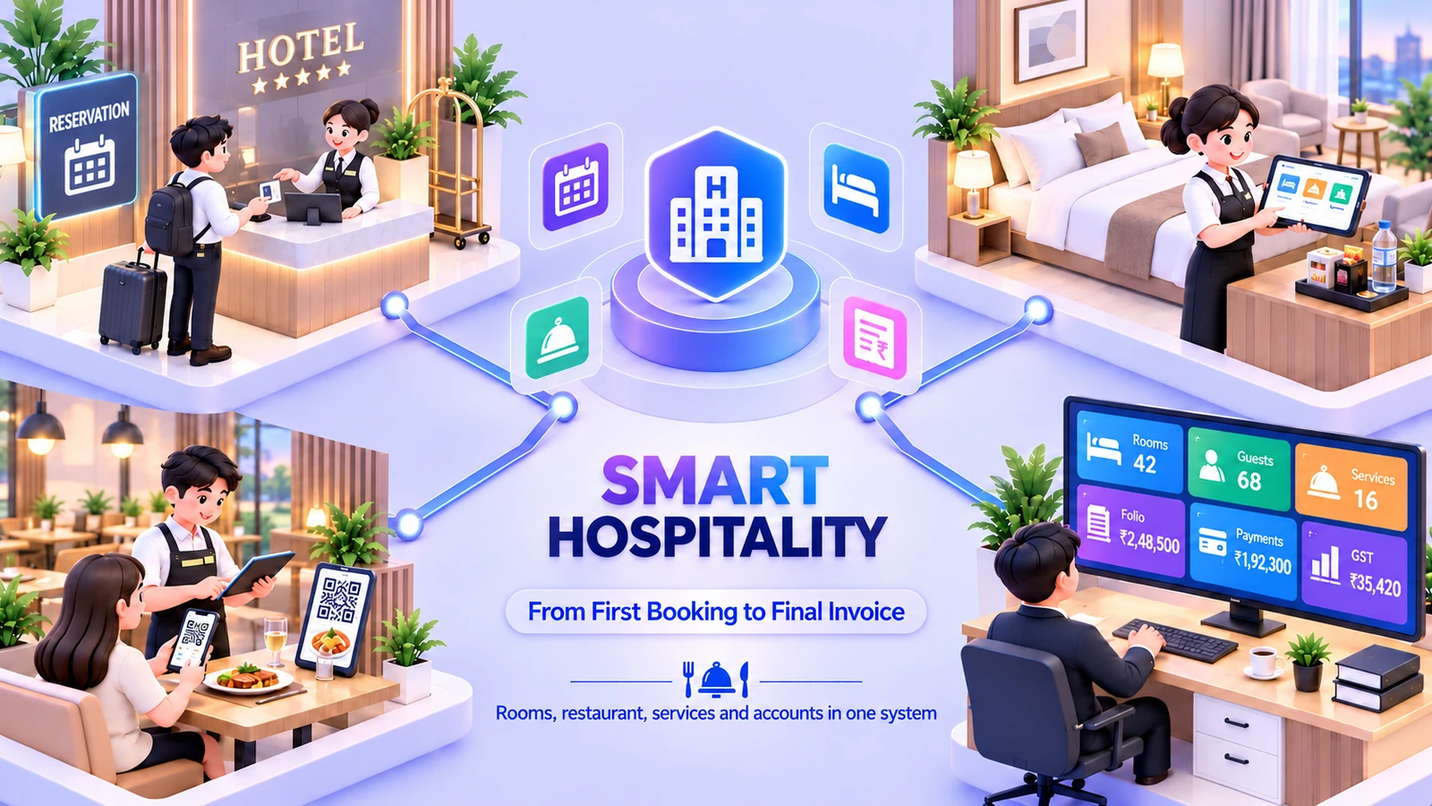 Illustration of Smart Hospitality Suite: a hotel reservation desk, a housekeeping attendant with a tablet in a guest room, a restaurant table with ordering by QR code, and a dashboard with rooms, guests, folios and payments, all connected to one central hub.