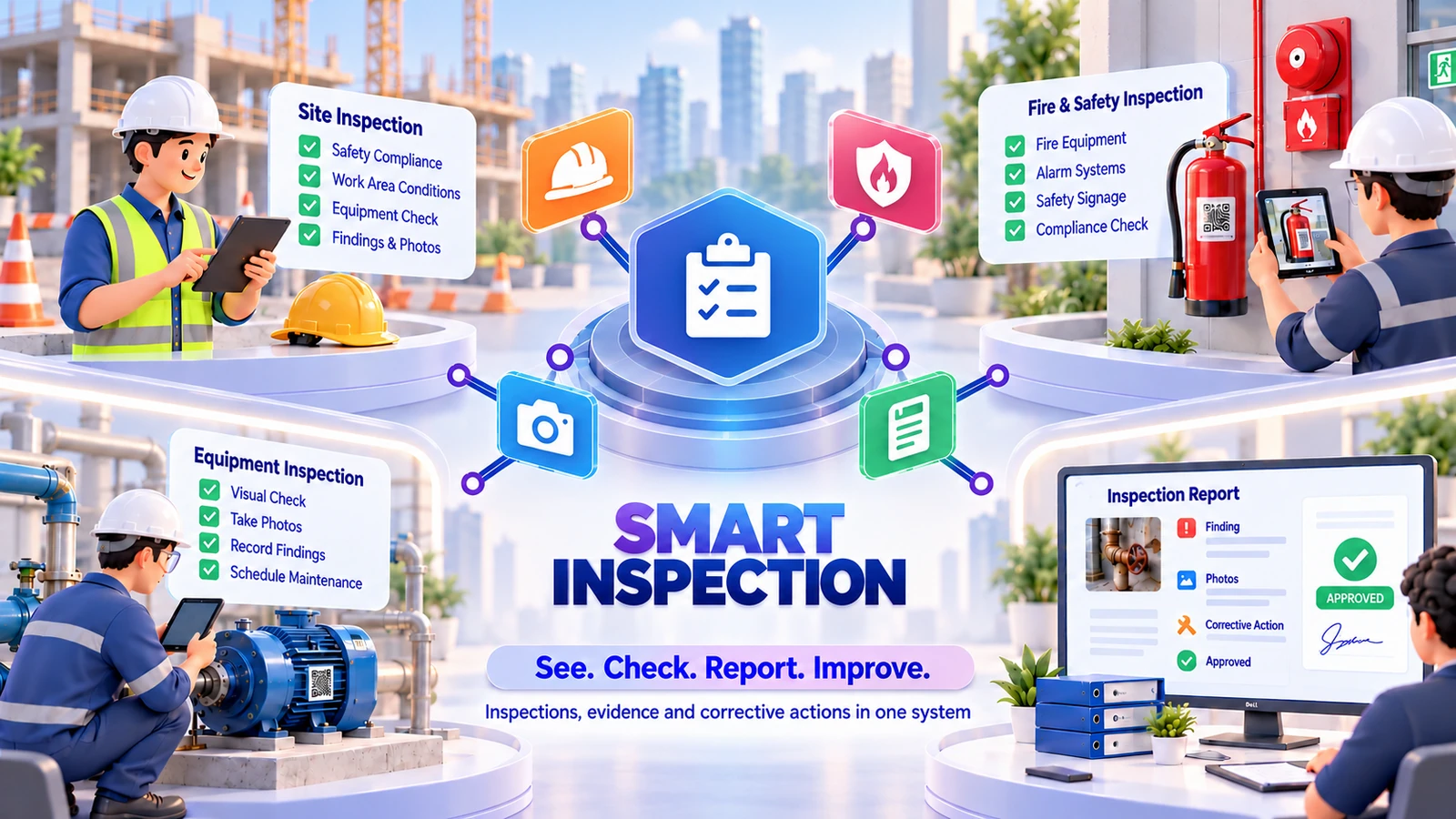 Illustration of Smart Inspection: a site inspection with safety compliance, work area conditions, an equipment check and findings with photos, a fire and safety inspection of extinguishers, alarms and signage, an equipment inspection with photos, findings and scheduled maintenance, and an inspection report with findings, corrective actions and approval, all connected to one central hub.
