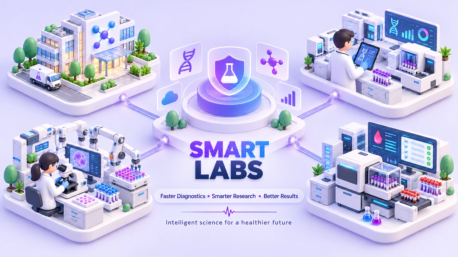 Isometric illustration of Smart Laboratory: a laboratory building with a sample van, a technologist with a tablet beside an analyser, a scientist at a microscope with sample racks, and a results screen with tubes and flasks, all connected to one central hub.