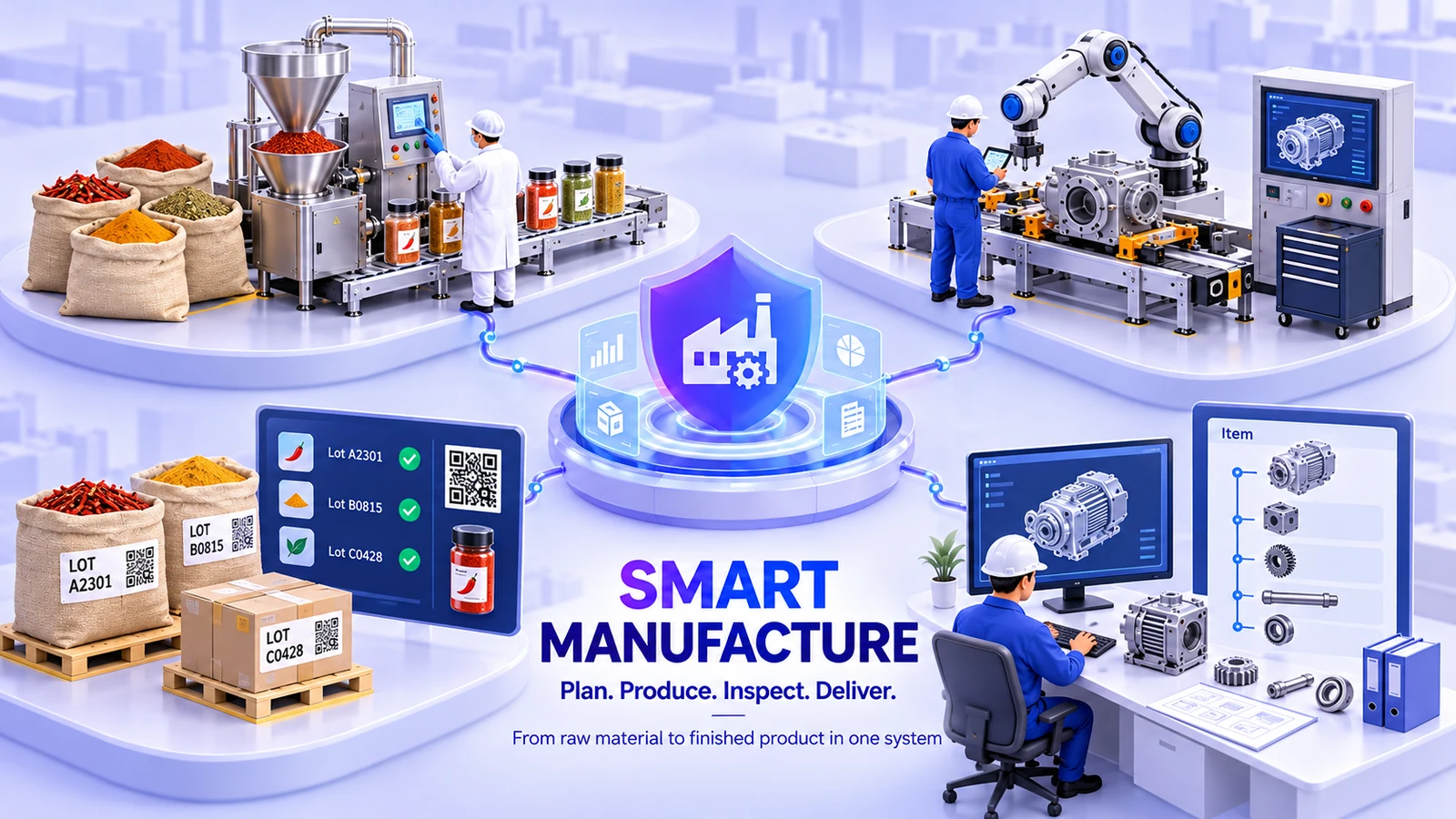Isometric illustration of Smart Manufacture: raw materials arriving at a goods-in bay, mixing vessels and a bottling line, a quality desk with a microscope and flasks, and packed cartons beside a costing dashboard, all connected to one central hub.