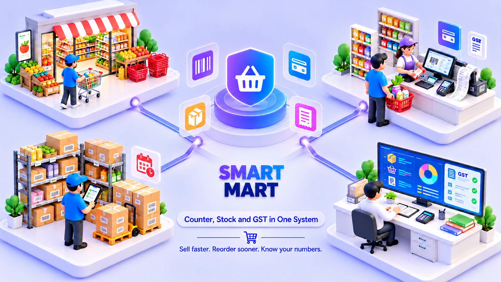 Illustration of Smart Mart: a shop with fresh produce and a shopper, a checkout counter with a barcode scanner and a receipt, a stockroom with shelves and a handheld scanner, and a dashboard with a GST report, all connected to one central hub.