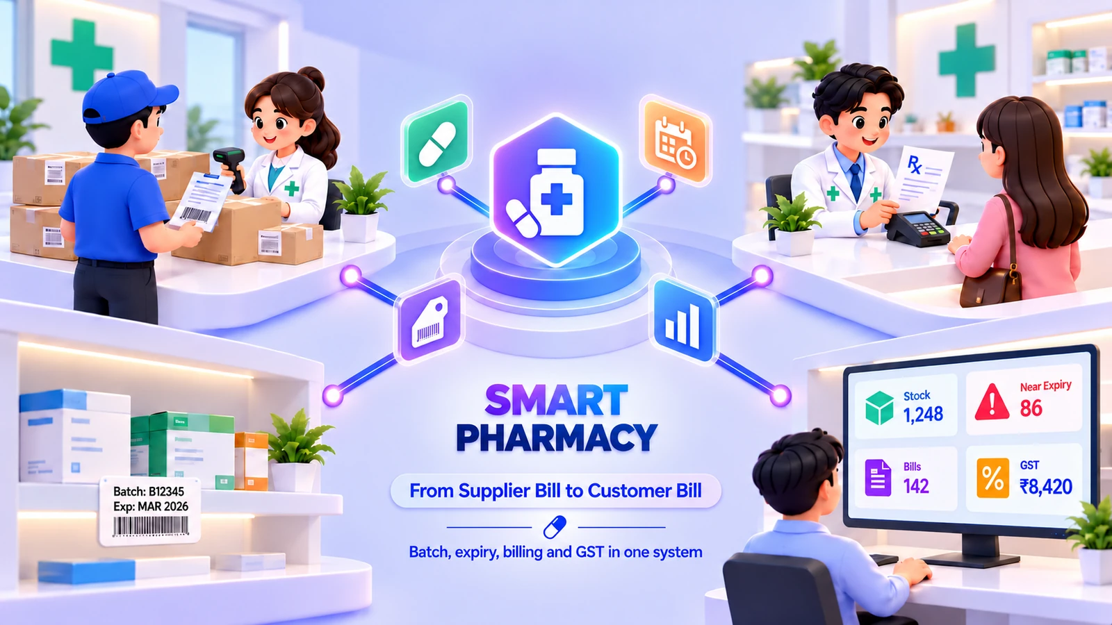 Illustration of Smart Pharmacy: a supplier delivery being checked against a bill with a scanner, a pharmacist handling a prescription at the counter, a shelf with batch and expiry labels, and a dashboard of stock, near-expiry items, bills and GST, all connected to one central hub.
