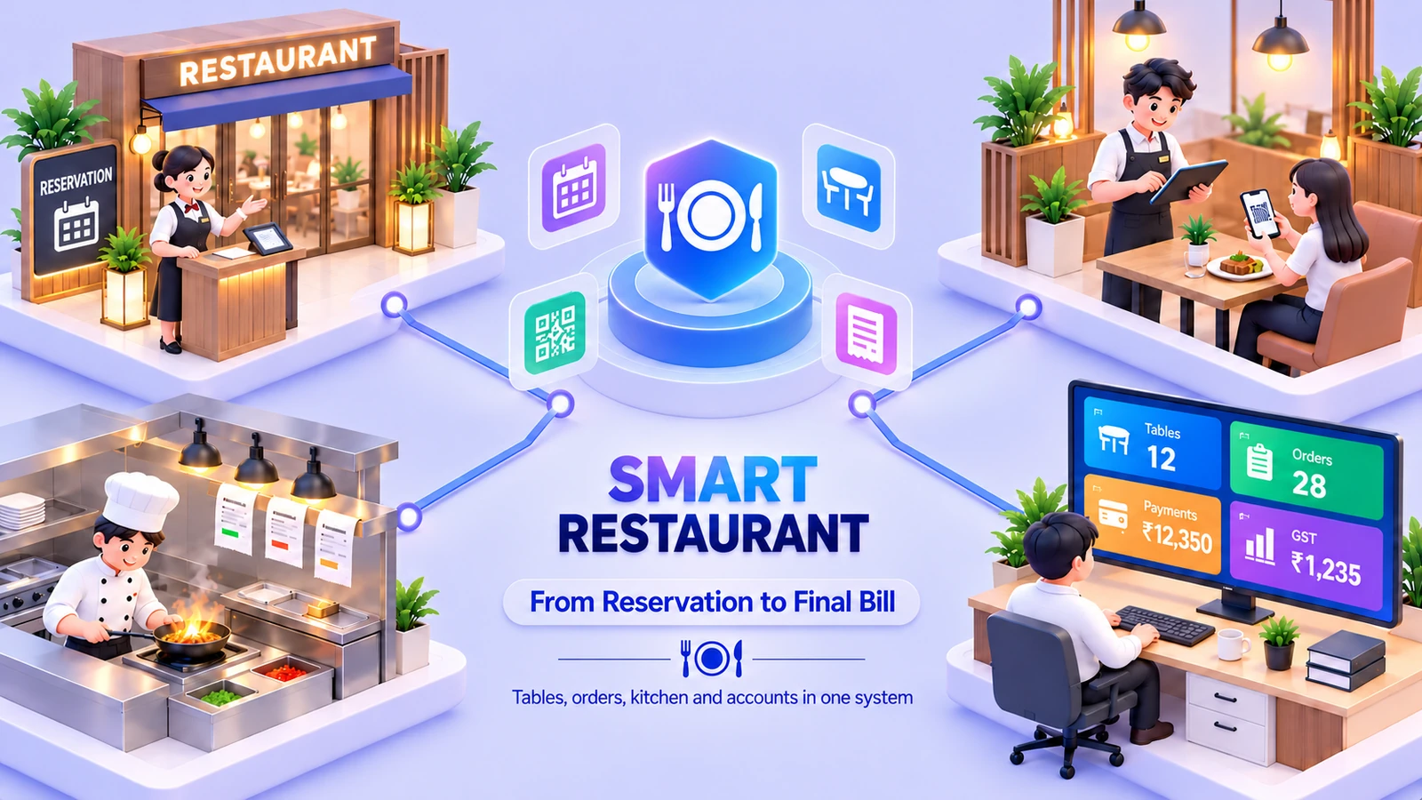 Illustration of Smart Restaurant: a host at the restaurant entrance with a reservation board, a waiter taking an order at a table where a guest scans a QR code, a chef cooking beside kitchen order tickets, and a dashboard with tables, orders, payments and GST, all connected to one central hub.