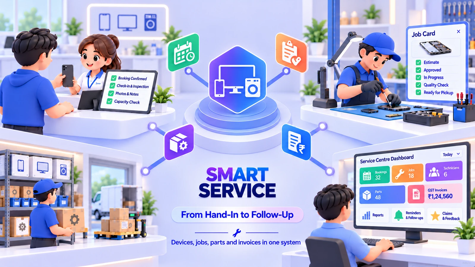 Illustration of Smart Service: a service desk booking in a phone with a check-in checklist, a technician repairing a device beside a job card, a parts shelf, and a service centre dashboard with bookings, jobs, parts and invoices, all connected to one central hub.
