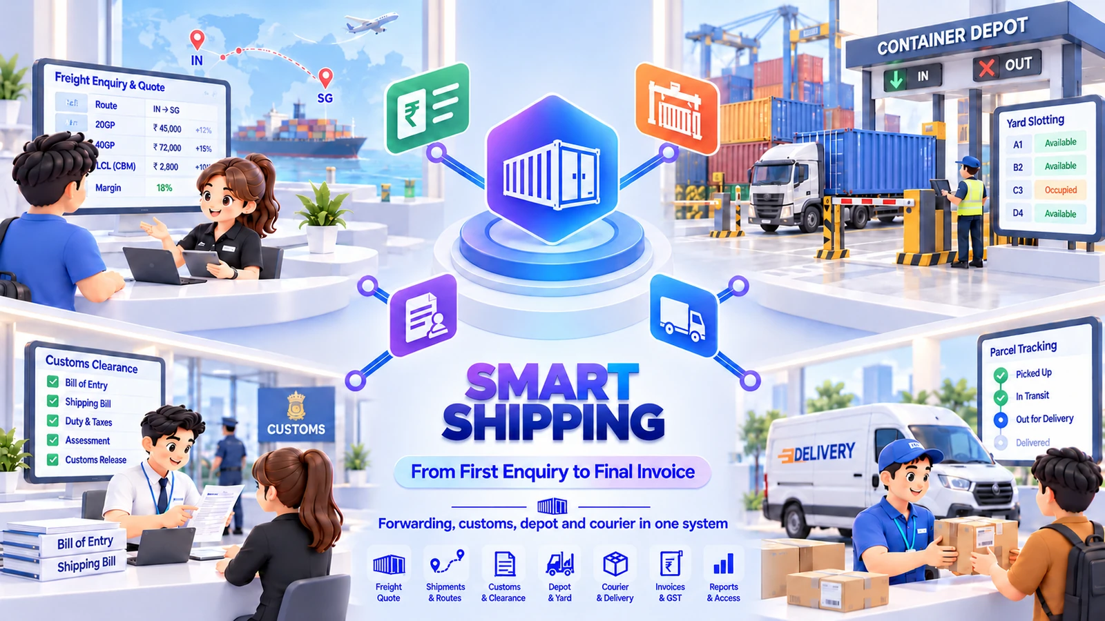 Illustration of Smart Shipping: a freight enquiry and quote screen with a route, a container depot gate with yard slots, a customs clearance checklist, and parcel tracking with a courier handing over a parcel, all connected to one central hub.