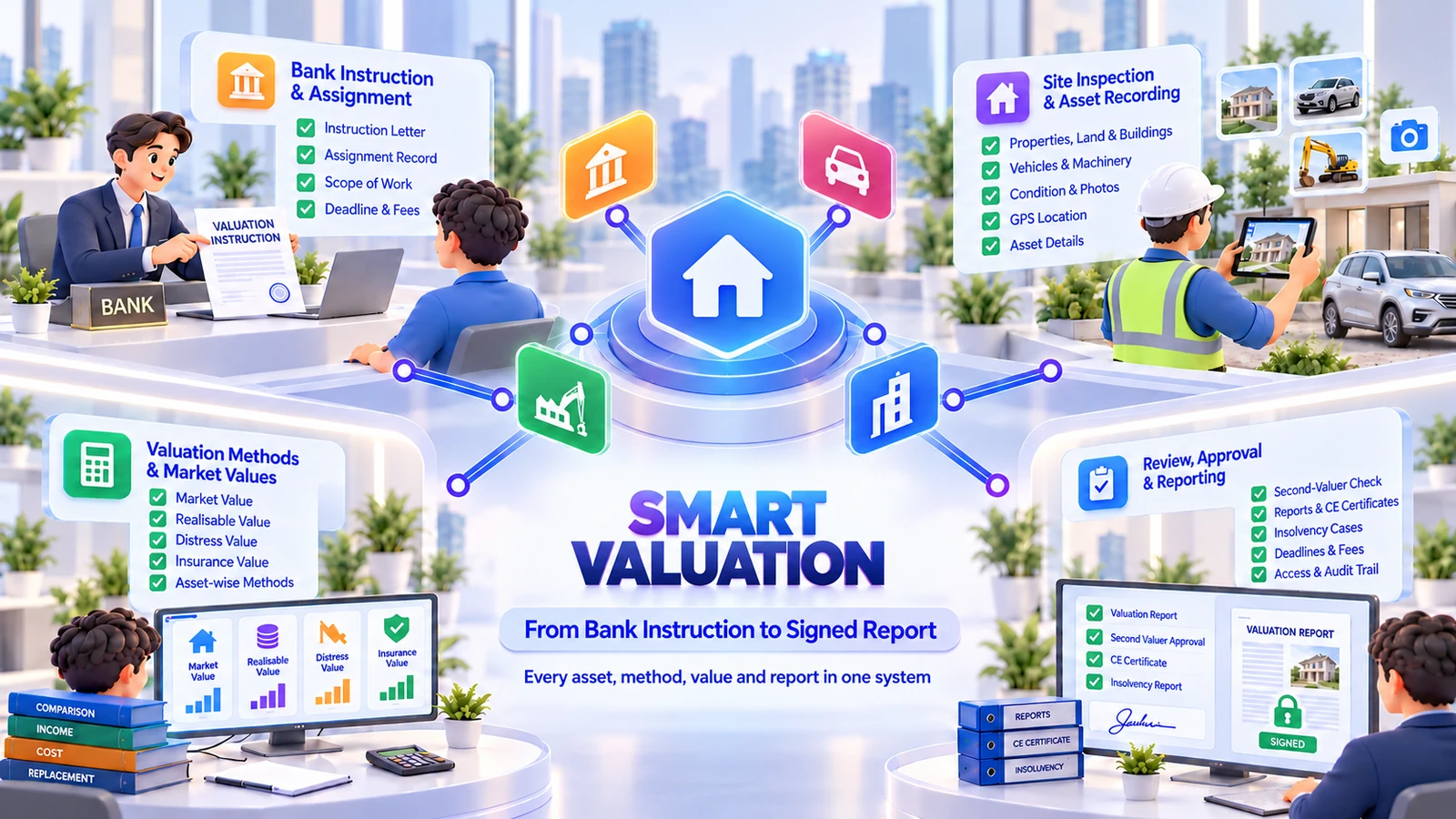Illustration of Smart Valuation: a bank instruction and assignment, a site inspection recording properties, vehicles and machinery, valuation methods with market, realisable, distress and insurance values, and a review and approval step ending in a signed report, all connected to one central hub.
