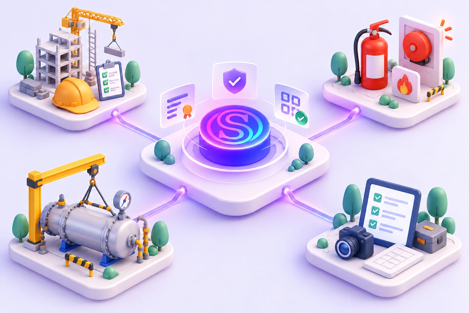 Isometric illustration of Smart Inspection: a building under construction with a crane, a fire extinguisher with an alarm bell, a pressure vessel under a gantry and a checklist on a tablet with a camera, all connected to one central SmartCode hub with a certificate, a shield and a QR code.