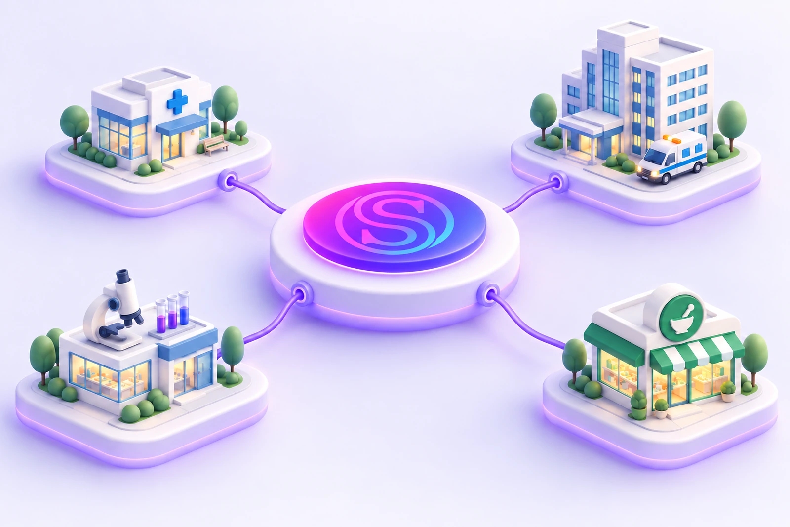 Isometric illustration of the SmartCode healthcare solutions: a clinic, a hospital, a laboratory and a pharmacy connected to one central hub.