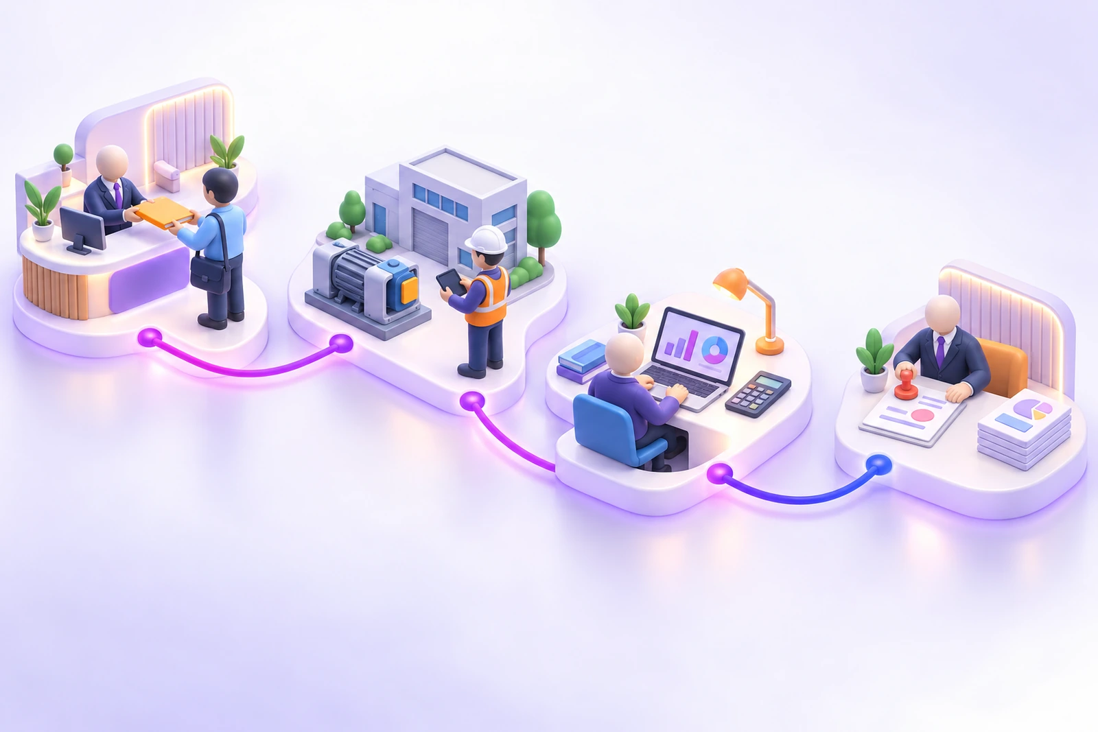 Isometric illustration of the four steps of a valuation: one person hands an instruction folder to another, an inspector in a hard hat with a tablet stands beside a machine and a building, a valuer works at a laptop showing a chart beside a calculator, and a reviewer stamps a report, all joined by one glowing line.