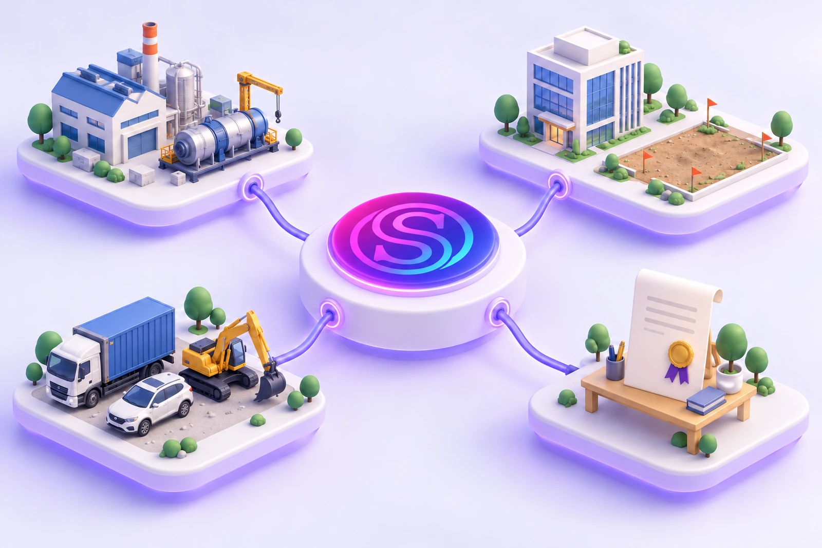 Isometric illustration of Smart Valuation: an industrial plant with machinery, an office building beside a plot of land, a truck, a car and an excavator, and a certificate with a seal, all connected to one central SmartCode hub.