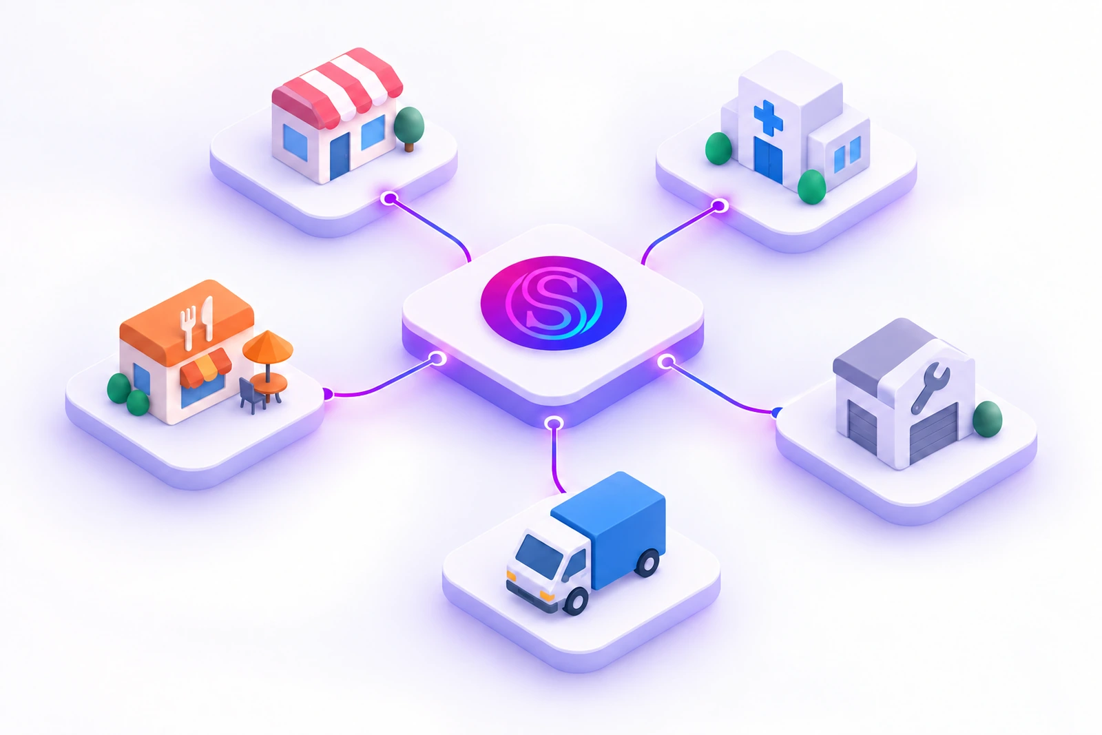 Isometric illustration of connected business apps: a shop, clinic, restaurant, workshop and delivery van linked to one central hub.